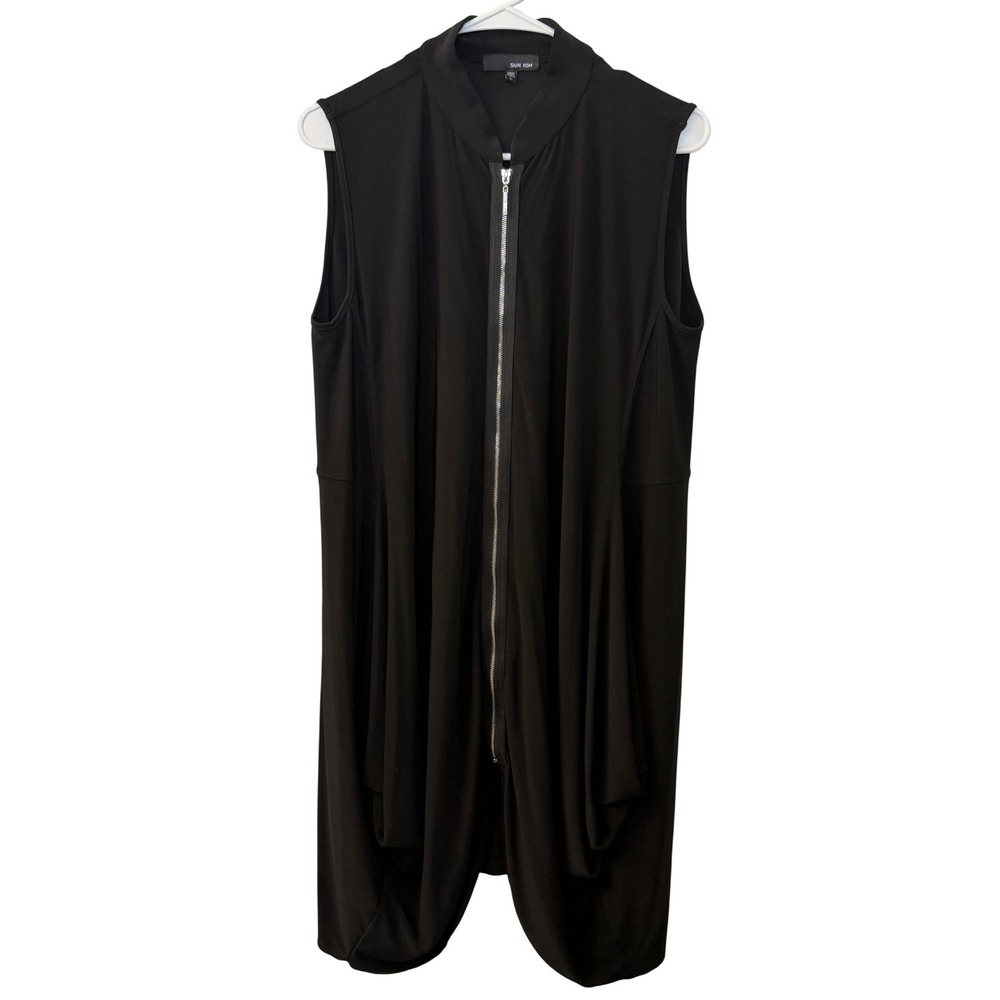Sun Kim Black Zip Front Drape Hem Long Vest Tunic SK162 Womens Large Made in USA